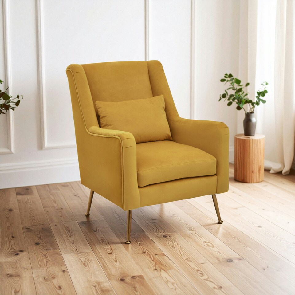 image 1 of Interiors by Premier Yellow Velvet Armchair for Lounge, Angular Gold Leg Chair with Velvet Upholstery for Living Room, Home