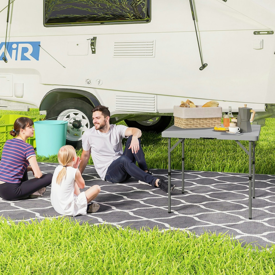 image 1 of Outsunny 3ft Folding Camping Table, Heavy Duty Picnic Table with 2 Adjustable Height for Indoor Outdoor Garden, Party, BBQ, Dark Grey | Grey | Dark Grey | 86L x 86W x 74Hcm