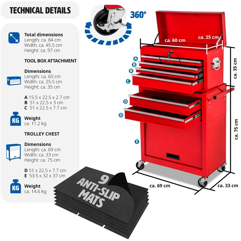 image 1 of Tool Chest - 8 drawers, 4 wheels, multiple layouts, lockable Red