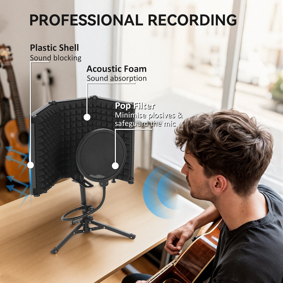 image 1 of HOMCOM Studio Microphone Isolation Shield with Pop Filter & Stand, Black