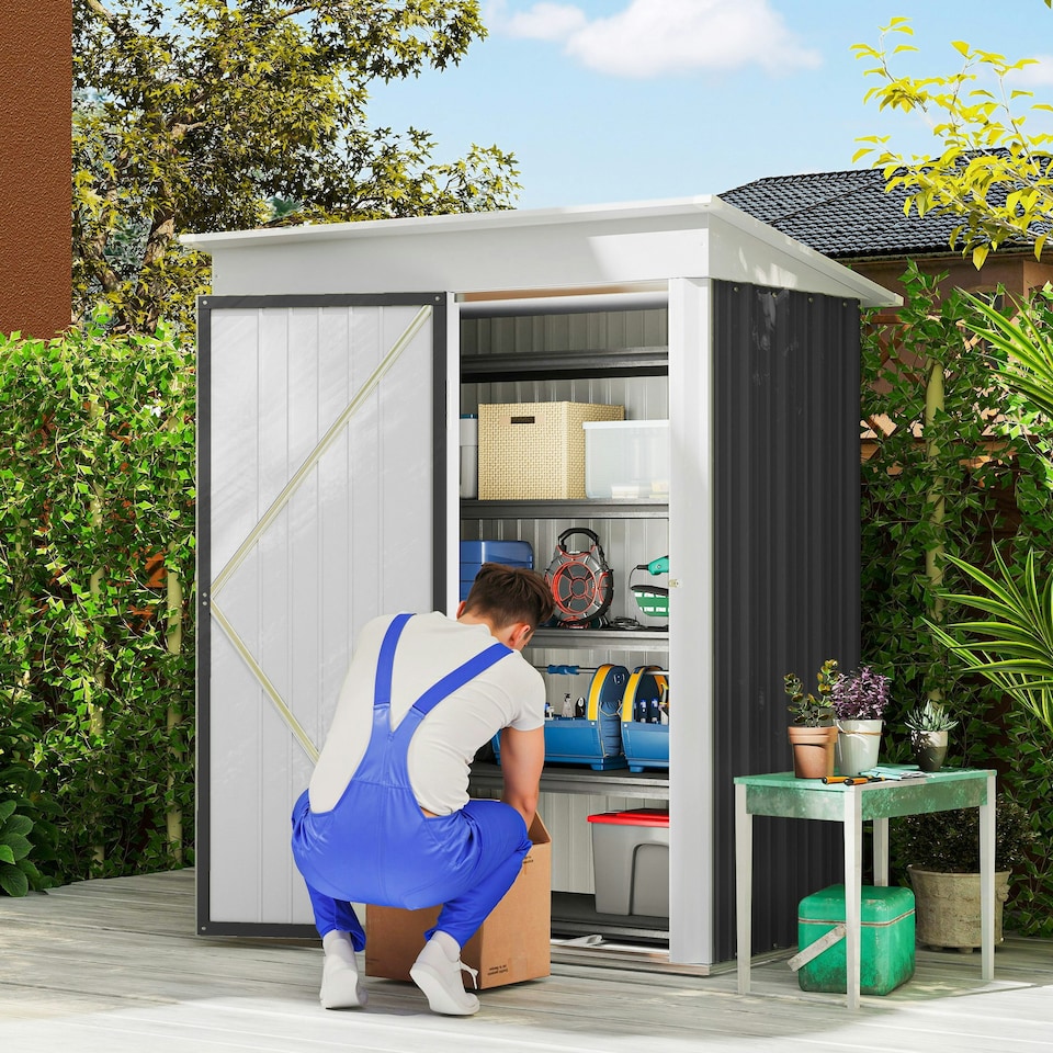 image 1 of Outsunny Steel Garden Shed, Small Lean-to Shed for Bike, 5x3 ft, Dark Grey