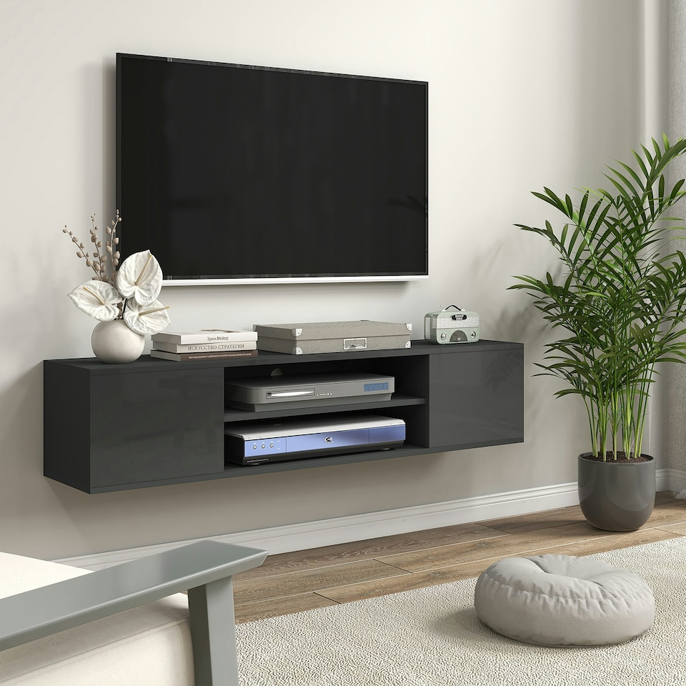 image 1 of HOMCOM Floating TV Unit for 60" TVs W/ Shelves and Cabinets, Grey