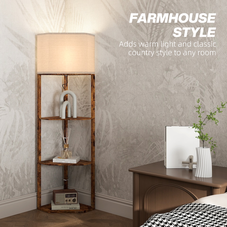 image 1 of HOMCOM Corner Modern Floor Lamp with Shelves for Living Room, Rustic Brown | Brown