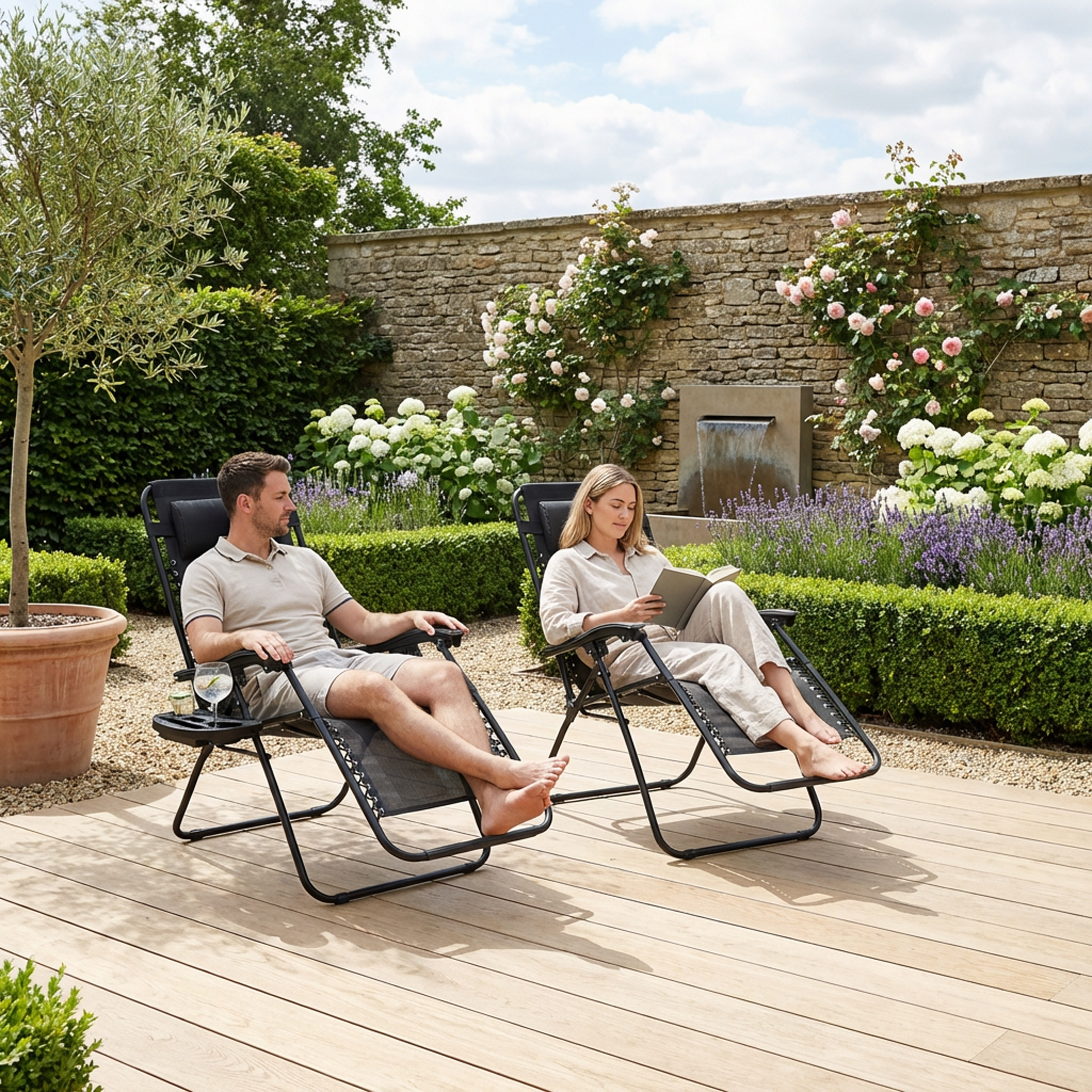 Garden Vida Set of 2 Outdoor Garden Foldable Zero Gravity Chairs with Headrest Pillow - Black
