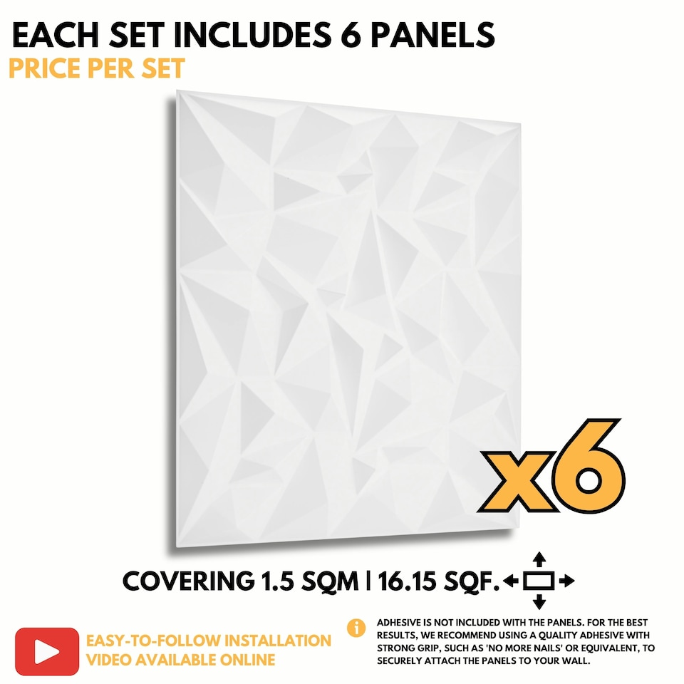 image 1 of NOVECRAFTO Diamond Effect 3D Wall Panels – 6 Sheets Covering 1.5 sqm (16.15 sqft) – Matte Interior PVC Cladding Tiles – 19.6"x19.6" Diamond Design Matt White