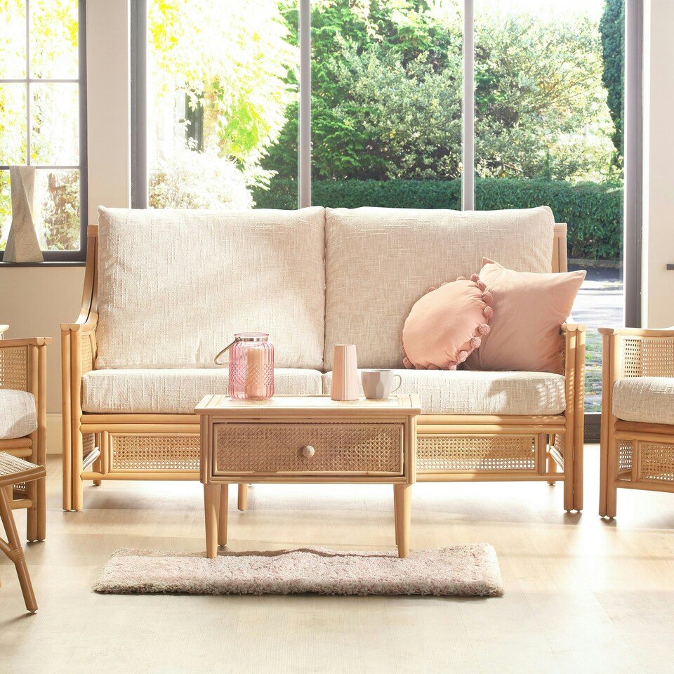 image 1 of Desser Chester Natural 3 Seater Rattan Sofa Set in Cotton Cream - Conservatory Sofa Suite