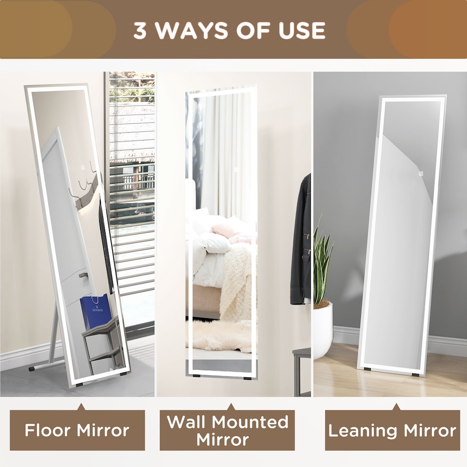 image 1 of HOMCOM Full Length Mirror with LED Lights, 15040cm Floor Mirror, Free Standing, Wall Mounted or Leaning, Full Size Body Mirror with Dimmable and 3 Colour Lighting for Bedroom, 33W, White