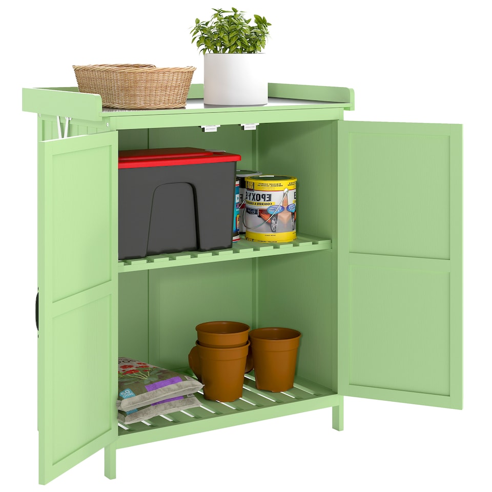 image 1 of Outsunny Wooden Garden Shed, Garden Tool Storage Shed with Hinged Roof and Shelf, Outdoor Storage Cabinet with Double Doors, Light Green