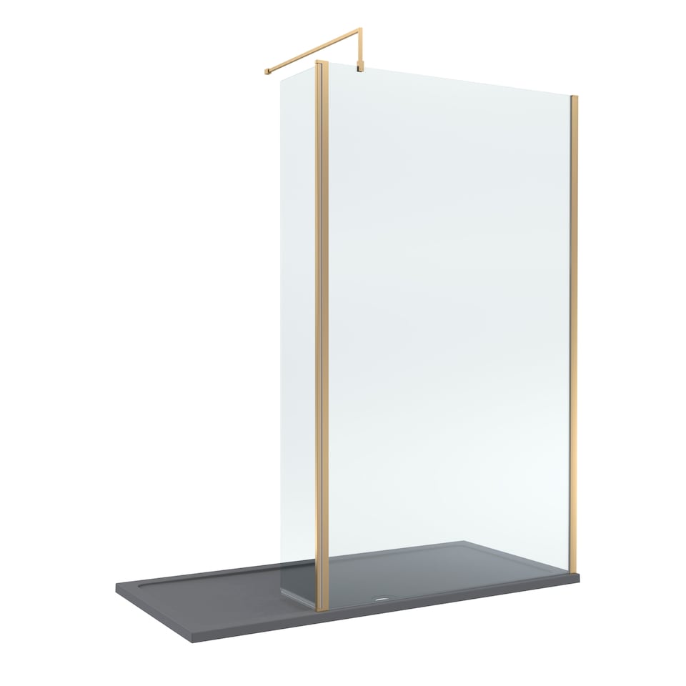 Balterley Glass Walk In Wetroom Screen and Hinged Return Screen with Profile and Shower Tray | Copper | Brushed Brass