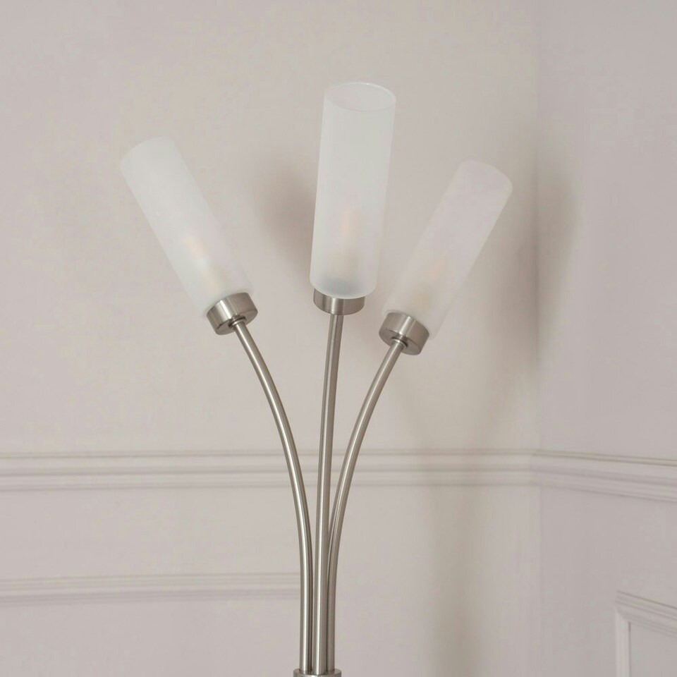 image 1 of ValueLights Maya Brushed Chrome 3 Way Curved Arm Reed Shaded Upright Floor Lamp with LED Bulbs
