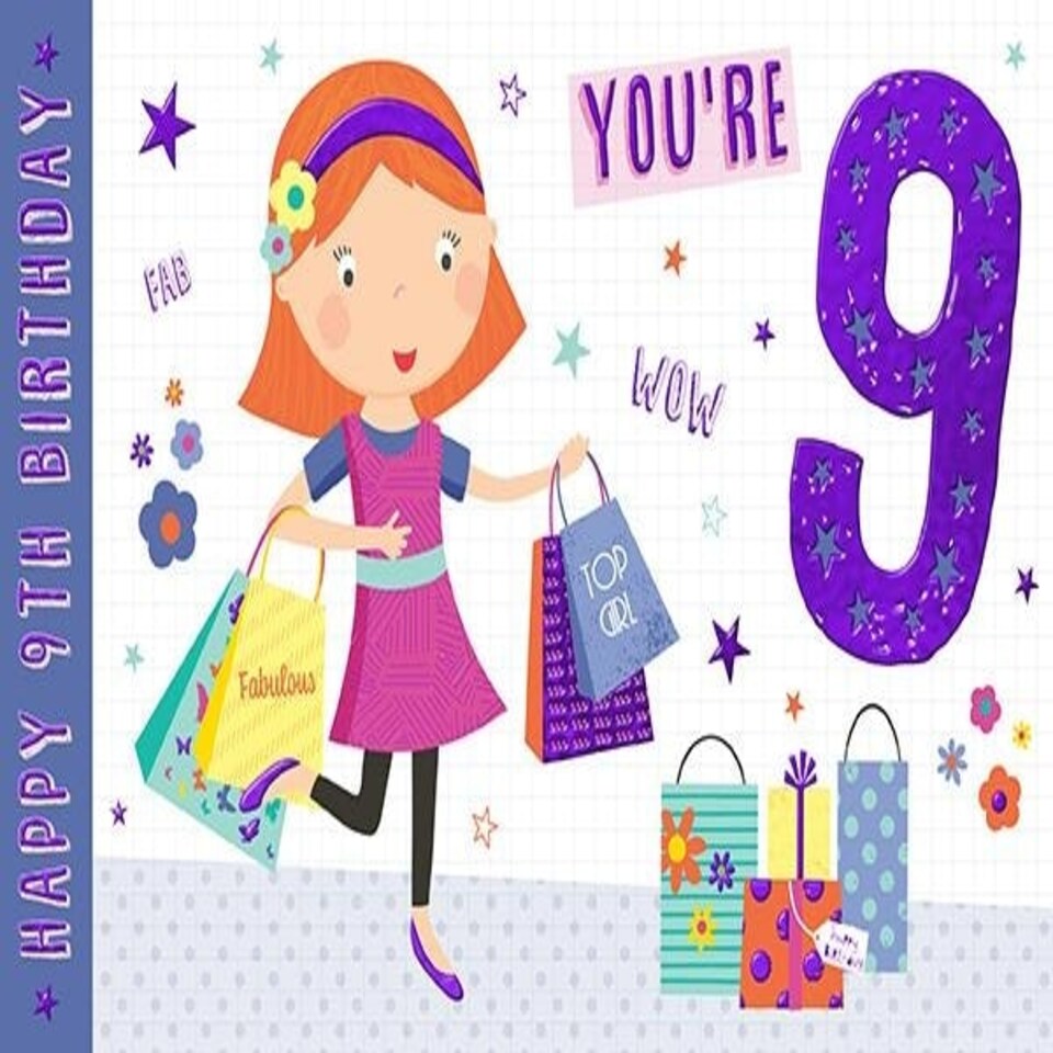 Words 'n' Wishes Illustrated Female 'Happy 9th Birthday' Card - You're 9 Wow - For Her - Embossed Purple Foil Finish