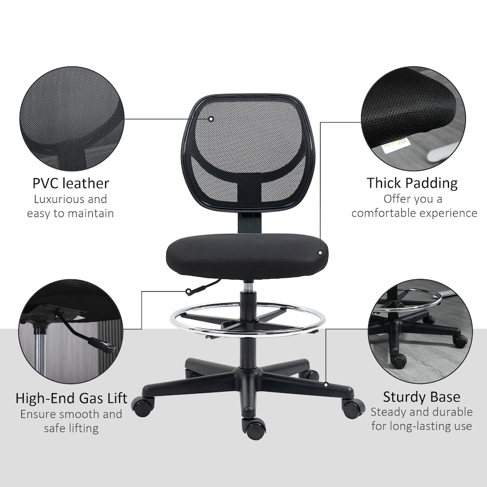 image 1 of Vinsetto Drafting Chair with Adjustable Footrest, Swivel Mesh Office Chair with Curved Back, Adjustable Height for Standing Desk, Black