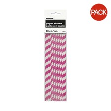Unique Party Paper Striped Straw (Pack Of 10) - Hot Pink/White - One Size