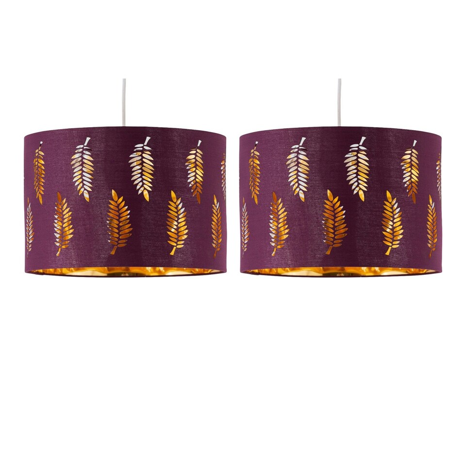 image 1 of Set of 2 Fern - Burgundy Cut Out 25cm Pendant Lightshades Purple | Gold