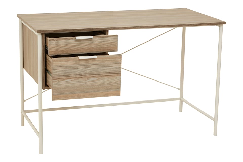 image 1 of Light Oak Veneer Desk With Drawers,Modern Office Desk With White Metal Frame For Organization,Storage Desk | Brown