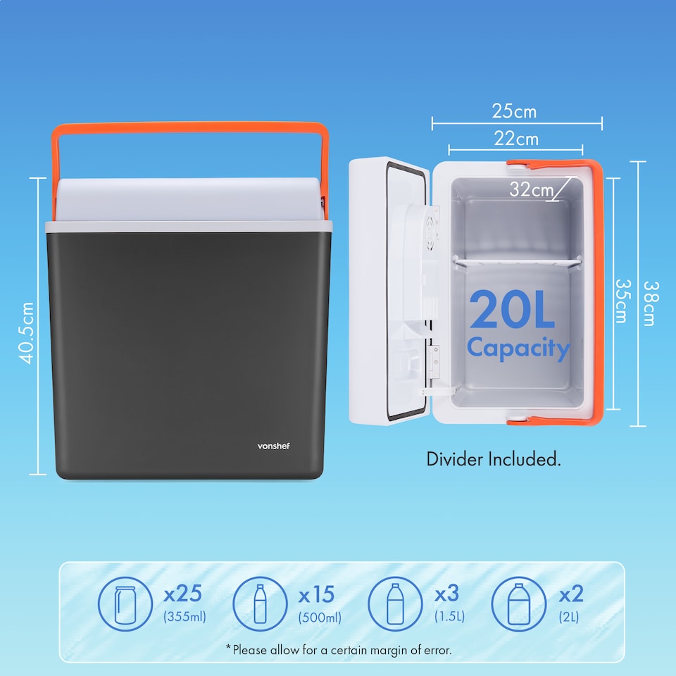 image 1 of Vonshef 20L Electric Cool Box, Insulated Cooler with Hot Cold Function | Black | White & Orange