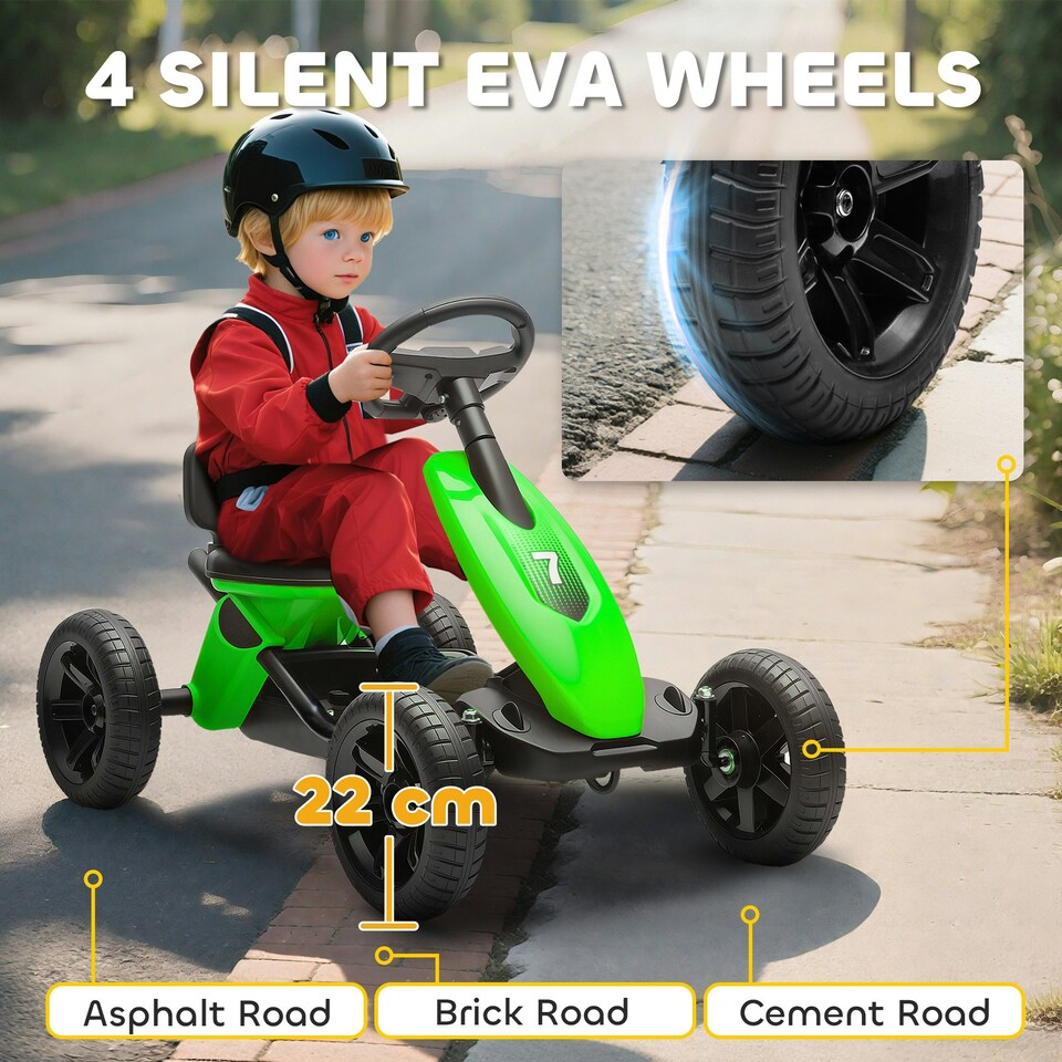 image 1 of AIYAPLAY Pedal Go-Kart for Kids with Silent EVA Wheels, Metal Frame, Green