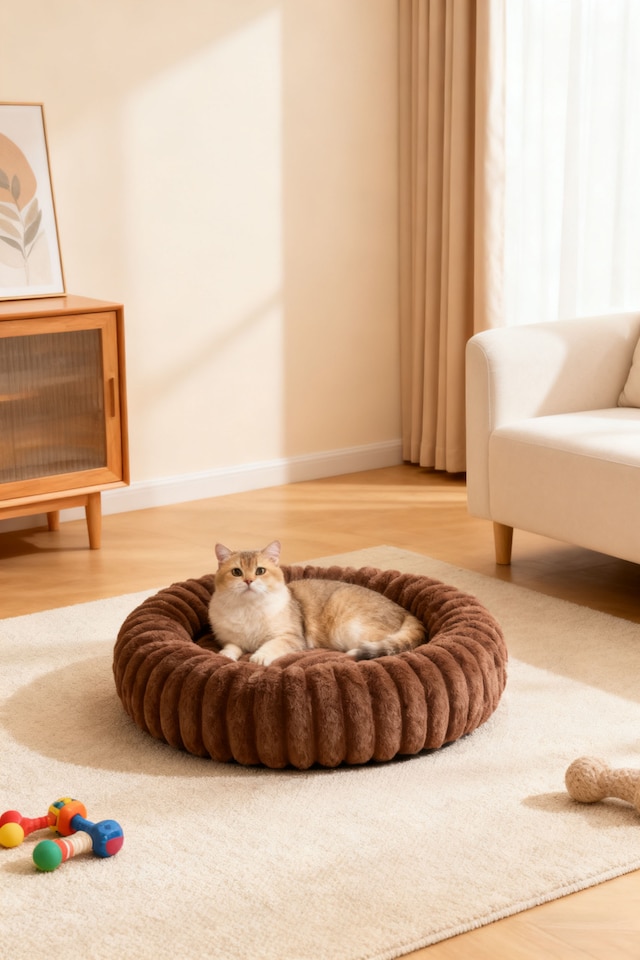 image 1 of Living and Home 6 Colour Soft Donut Pet Bed for Cats & Dogs,Warm & Cosy Retreat | Brown | Brown | M