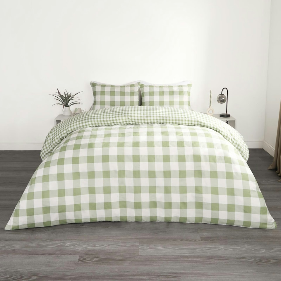 image 1 of OHS Reversible Gingham Duvet Quilt Cover Bedding Set, Single - Sage Green