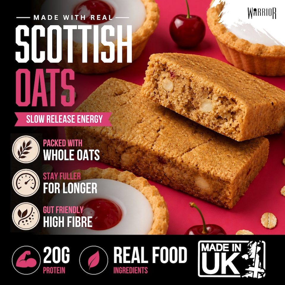 image 1 of Warrior RAW Protein Bars 12 x 75g – 20g High Protein Bar, Low Sugar High Fibre Oat Protein Flapjack – Protein Snacks, Meal Replacement Bars (Cherry Bakewell)