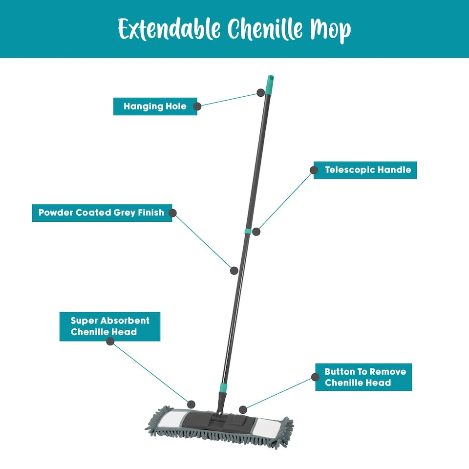 image 1 of JVL Super-Absorbent Chenille Extendable Flat Floor Mop, Grey