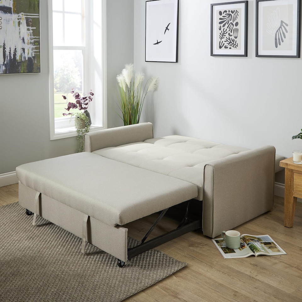 image 1 of Linen Upholstered Two Seater Pull-Out Double Sofa Bed Chair | Cream | Beige