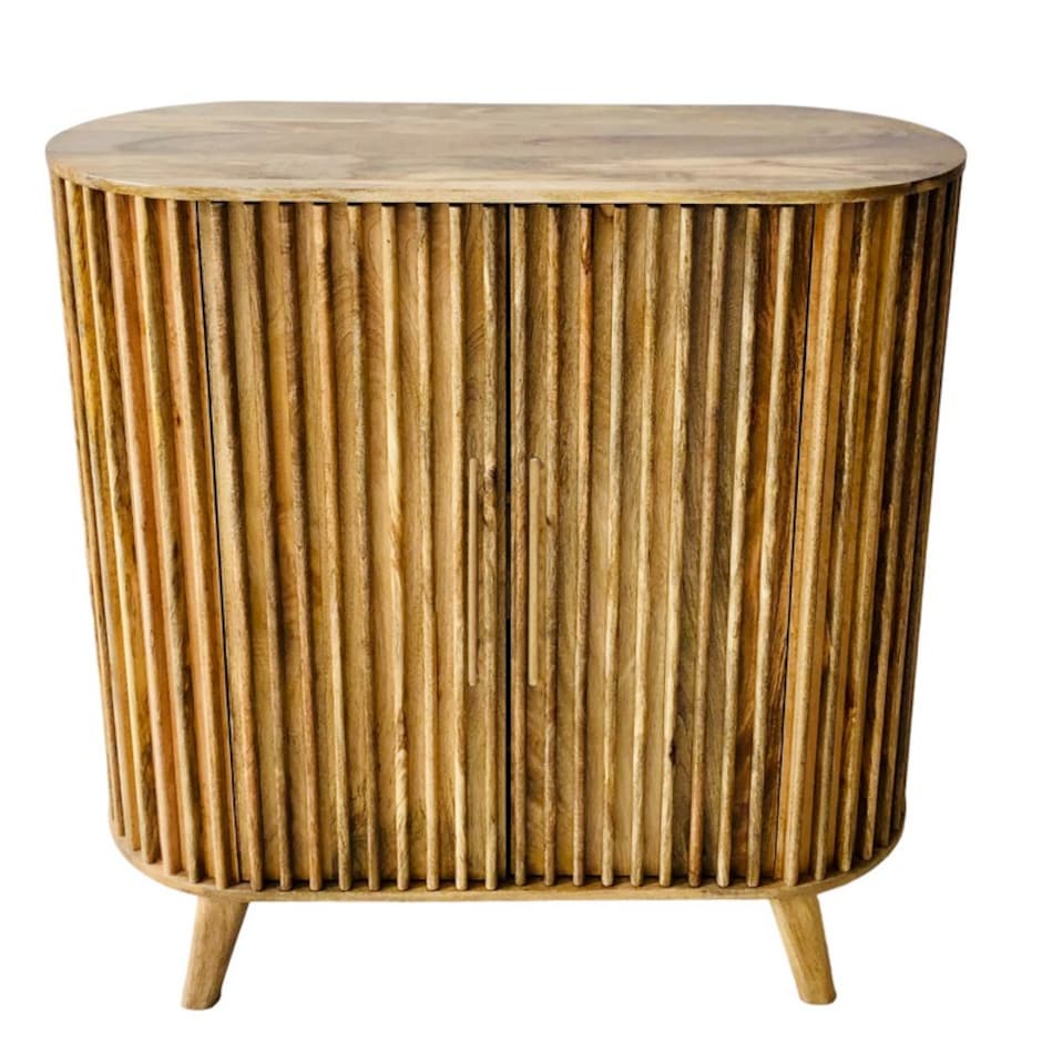 image 1 of Slated 2 Door Highboard Cabinet - Mango Wood - L45 x W106.5 x H110 cm - Light Finish - Assembly Required