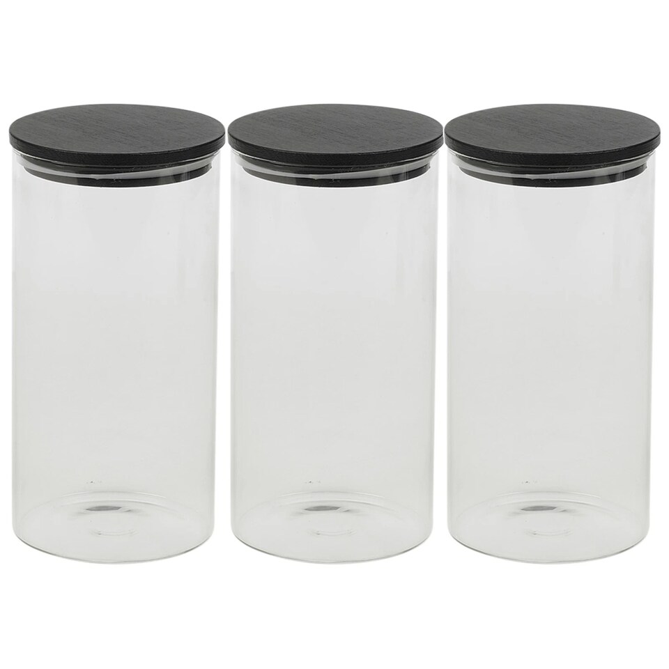 image 1 of Clear Glass Cylinder Storage Jars With Black Lid Airtight Coffee Tea Sugar Spice | Clear | Clear | 3x 800ml Jars