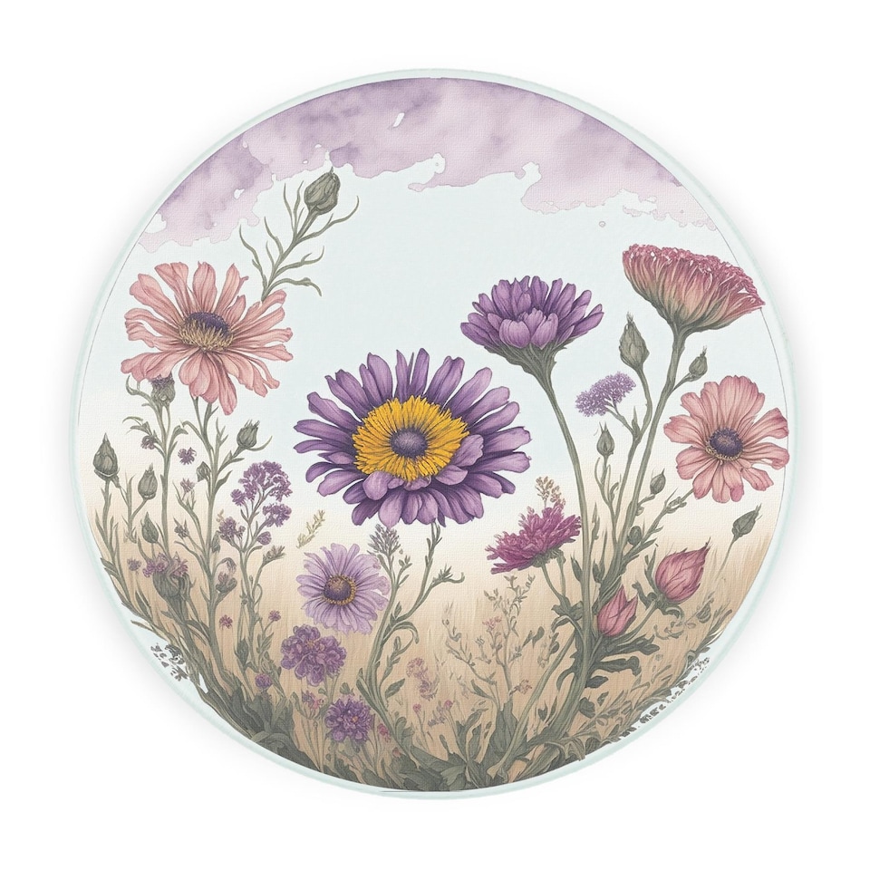 image 1 of Purple Field Flowers Round Worktop Protector - Textured Glass Chopping Board