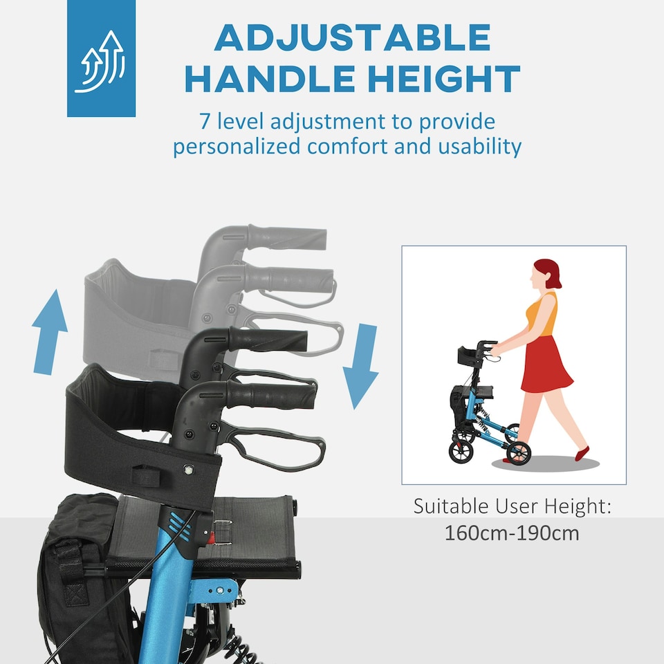 image 1 of HOMCOM Folding Rollator Walker with Seat, Backrest, Bag, 4 Wheels, Blue