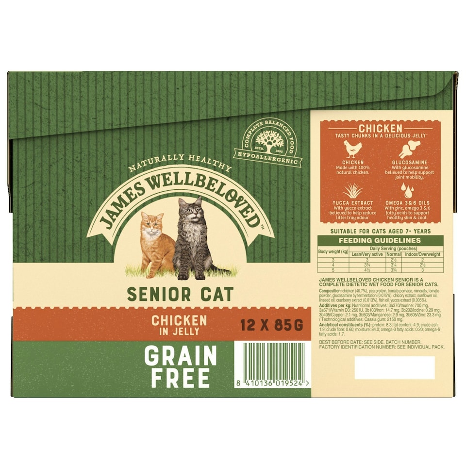 image 1 of James Wellbeloved Grain Free Senior Wet Cat Food Pouches Chicken in Jelly 48 x 85g
