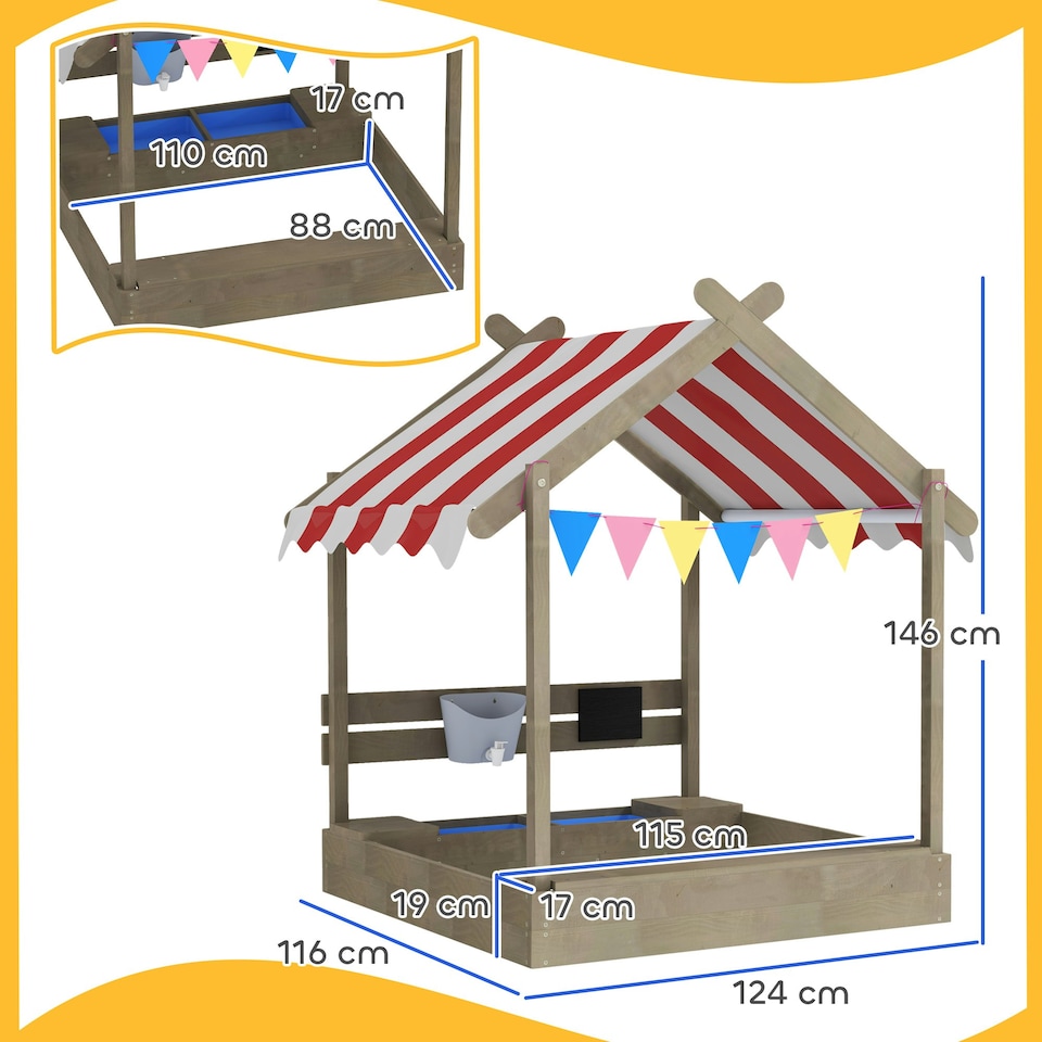 image 1 of Outsunny Sand Pit with Canopy, Blackboard, Toys, Sink, Seats, Flags for Kids