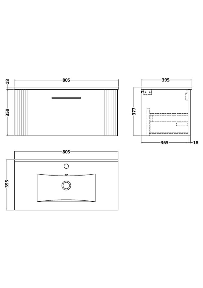 image 1 of Balterley Partial Fluted 1 Drawer Wall Hung Vanity Unit with 1 Tap Hole Minimalist Basin | Green | Satin Green