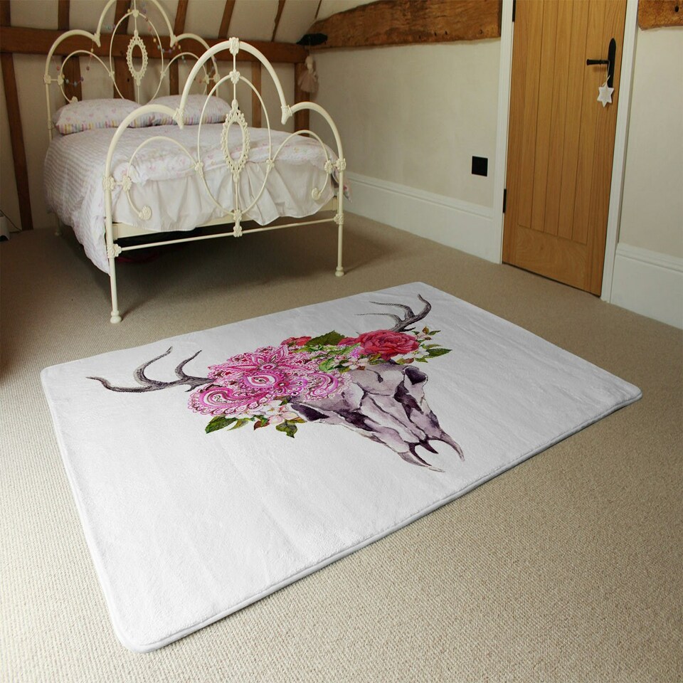 image 1 of Deer animal skull with flowers and feathers (Rug) Pink | Medium: 80x150cm