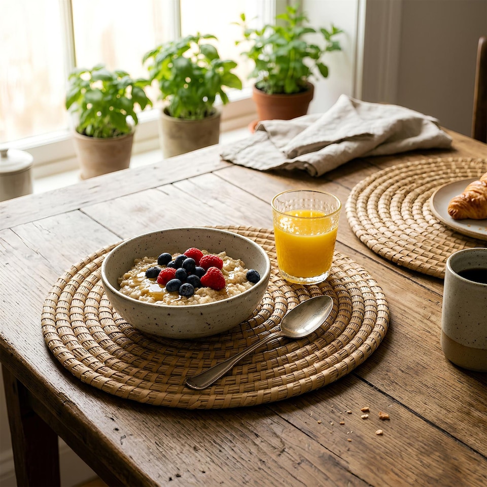 image 1 of Argon Tableware 30cm Round Placemats - Set of 6 - Woven Palm Leaf Serving Dish Trays Cake Boards Table Protector Mats | Brown | Brown | One Size | 6