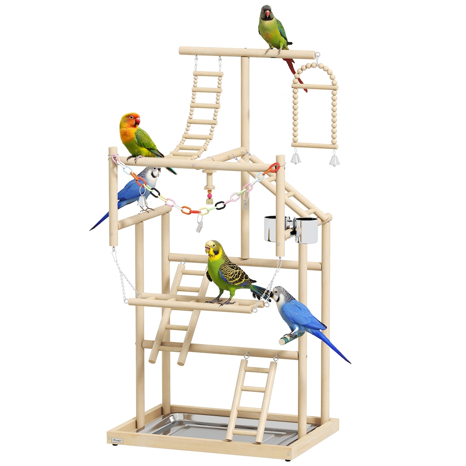 image 1 of PawHut Wooden Bird Playground with Ladders, Chain Toy, Steel Cups and Tray