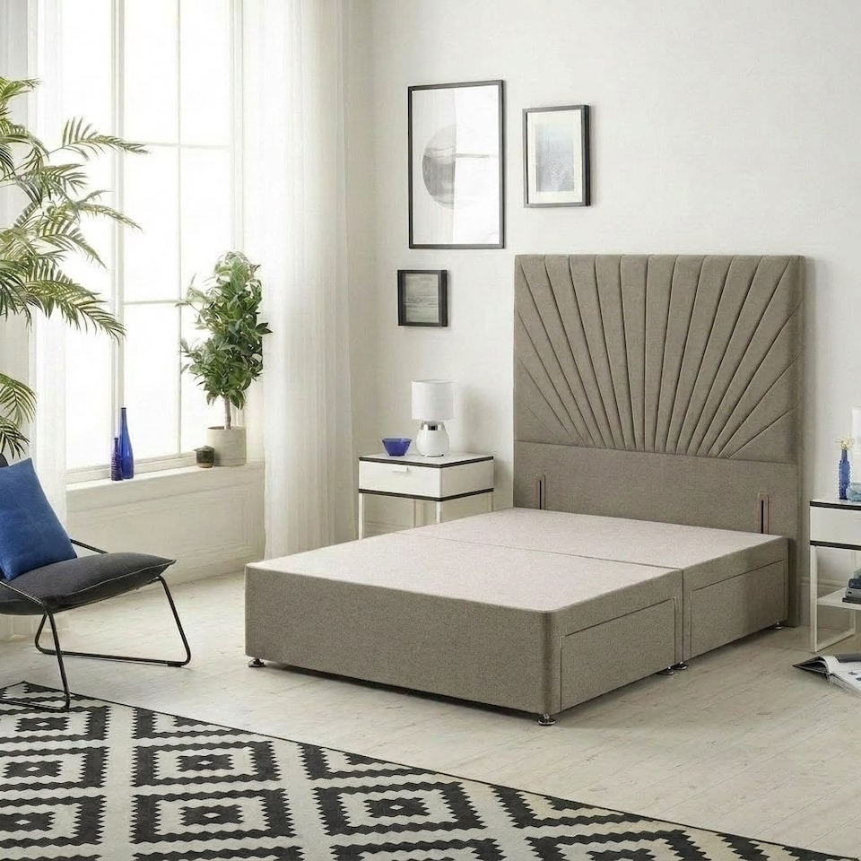 image 1 of Sunburst Divan Bed with 2 Drawers & 54'' Floor Standing Headboard Tweed Fabric | Brown | Coffee