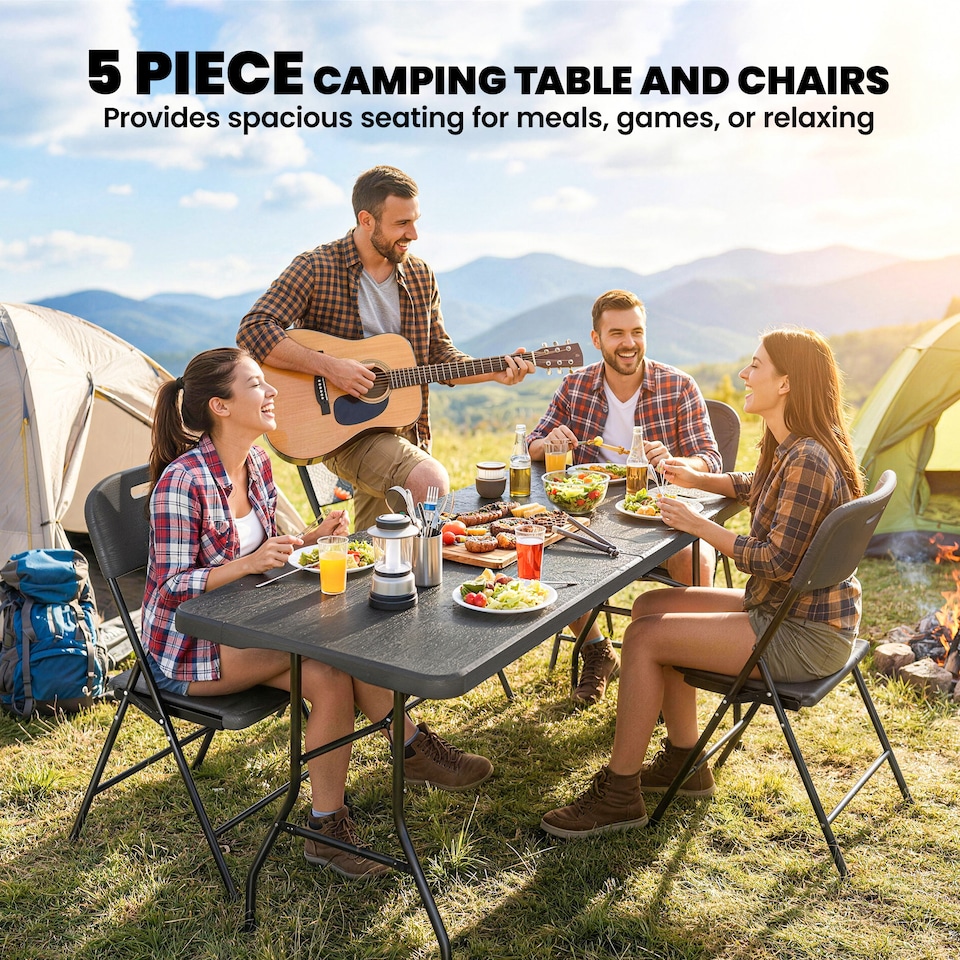 image 1 of Outsunny 5 Piece 6ft Foldable Table and Chairs, Portable Picnic Table Set | Black | Black