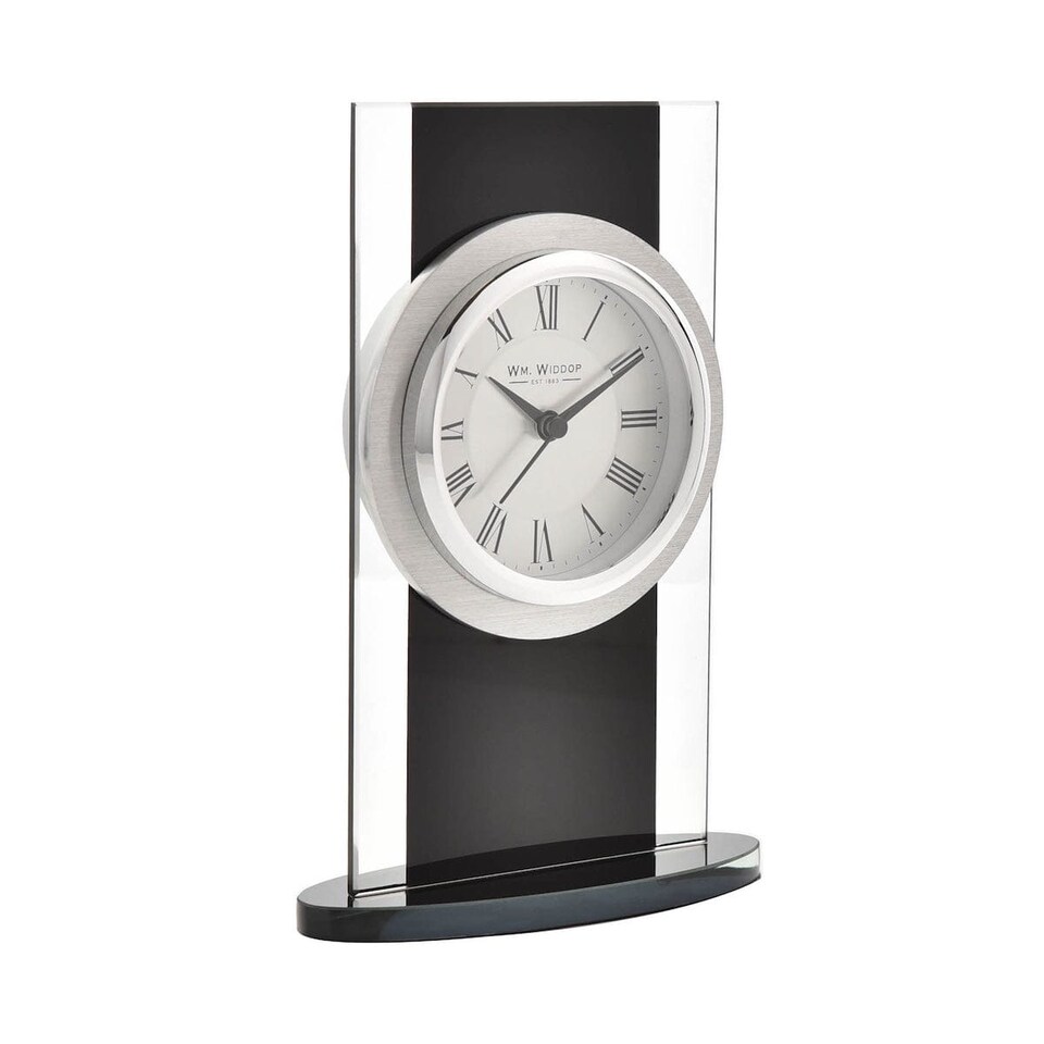 image 1 of Widdop Gifts Silver and Black Glass Mantel Clock