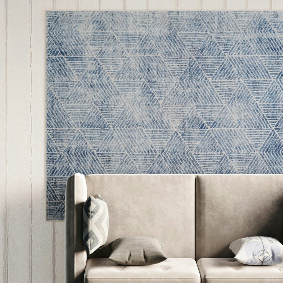 image 1 of Denim Blue Geometric Distressed Washable Living Room Area Rug - 80x150cm Blue