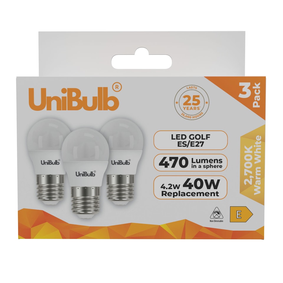 image 1 of UniBulb LED Golf Ball E27 470lm 4.2W 2700K (Warm White) Light Bulb - Pack of 3 | White | Warm White | 3