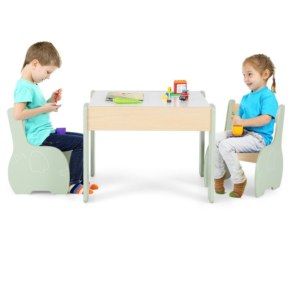 image 1 of COSTWAY Wooden Kids Table and Chair Set with Storage Green