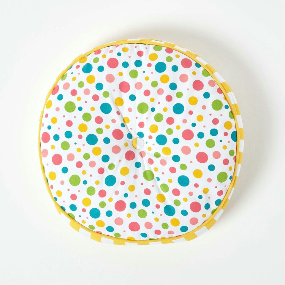 image 1 of Homescapes Multi Polka Dots & Yellow Stripes Round Floor Cushion Multi