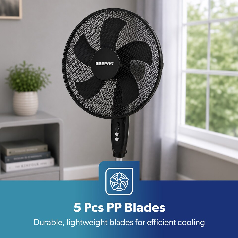 image 1 of GEEPAS 16 inch 5 Blades Pedestal Free Standing Fan 45W, Black