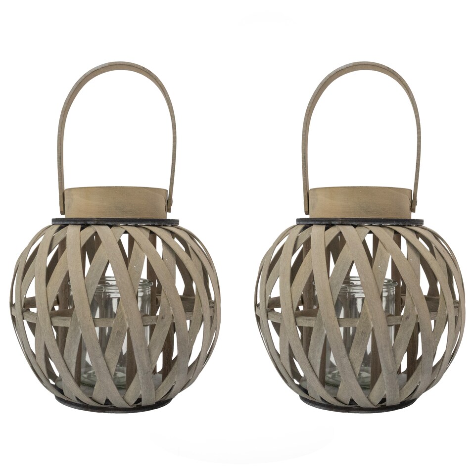 image 1 of JVL Set of 2 Luna - Natural Round Wood Lantern With Handle, Antique Wash