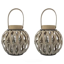 JVL Set of 2 Luna - Natural Round Wood Lantern With Handle, Antique Wash