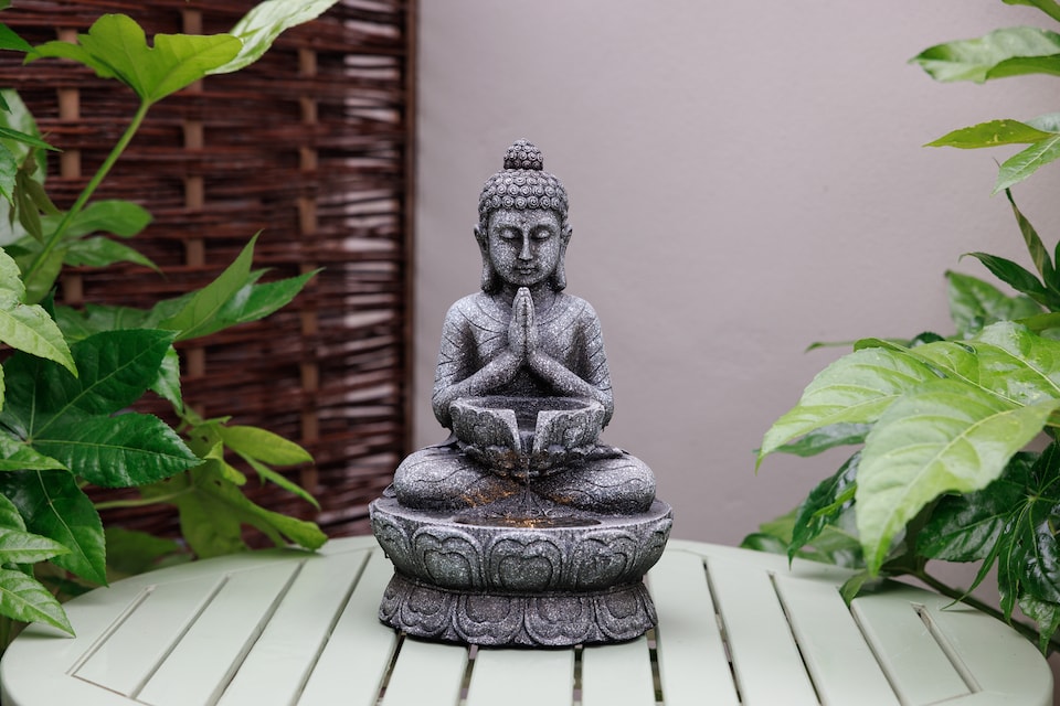 image 1 of Praying Buddha Tabletop Water Feature With LED Lights
