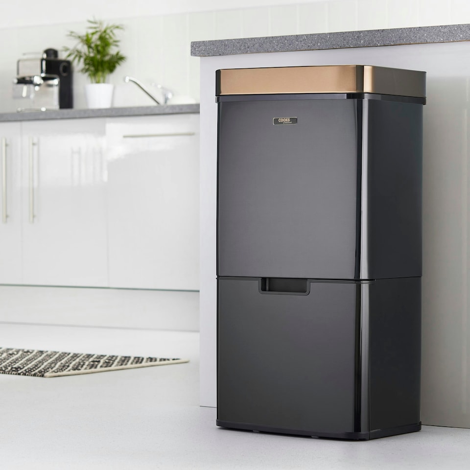 image 1 of Cooks Professonal Recycling Sensor Bin | 75L | 3 Compartments plus Food Caddy | Stainless Steel | Black & Copper