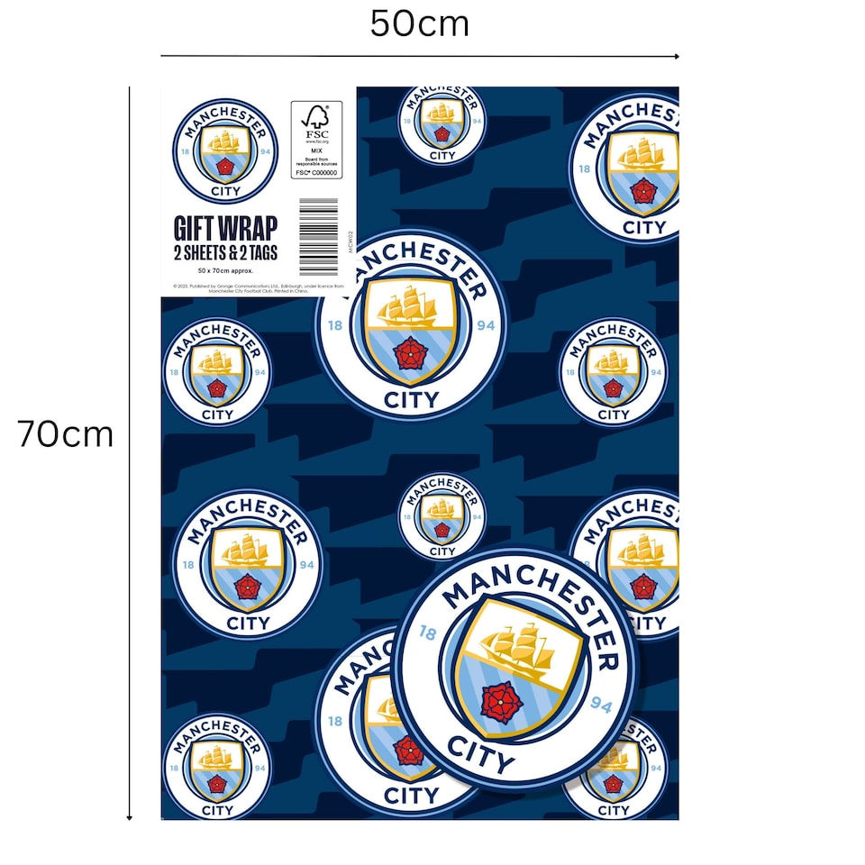 image 1 of Manchester City FC 2 Sheets & 2 Tags Gift Wrap