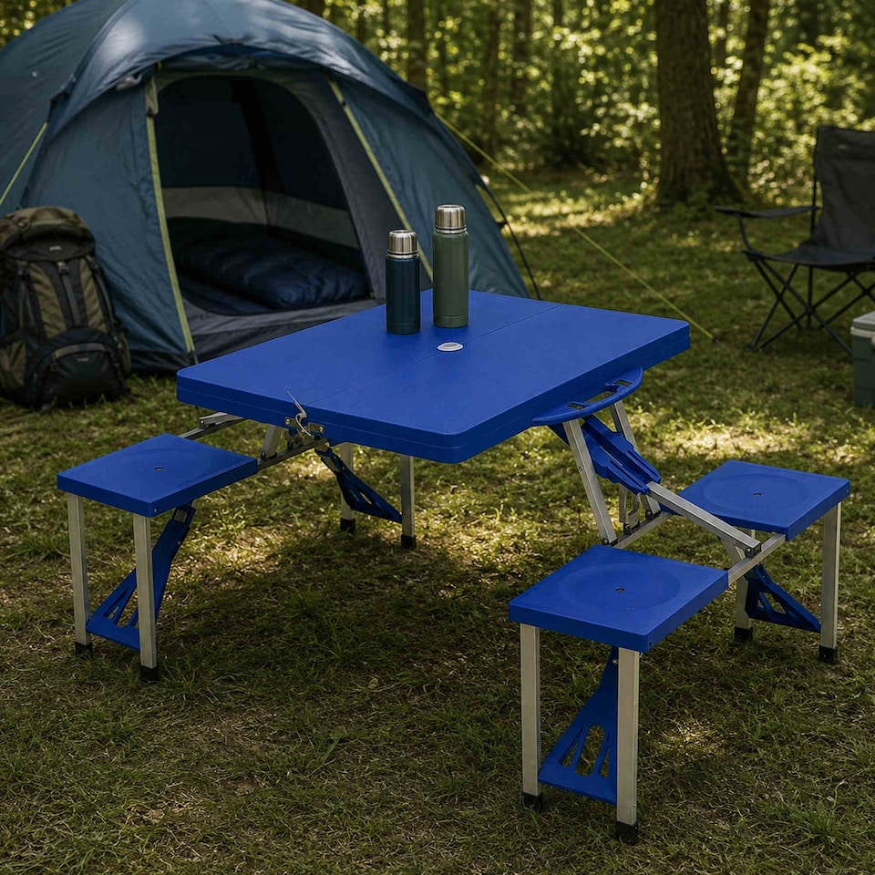 image 1 of Portable Folding Outdoor Picnic Table and Bench Set 4 Seats | Blue